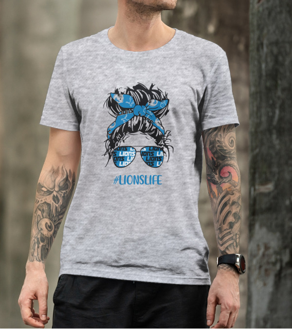 Detroit Lions Life Messy Bun Girl With Lions Headband And #LIONSLIFE Glasses T-Shirt