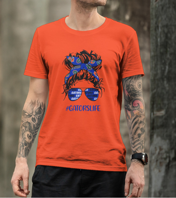 GATORS LIFE Messy Bun Girl With Gators Headband And Glasses T-Shirt