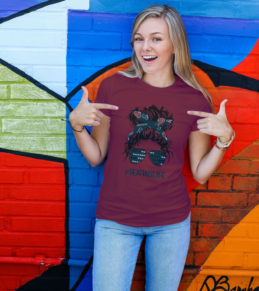 Houston Texans Hashtag Texanslife Messy Bun Headband Glasses T-Shirt