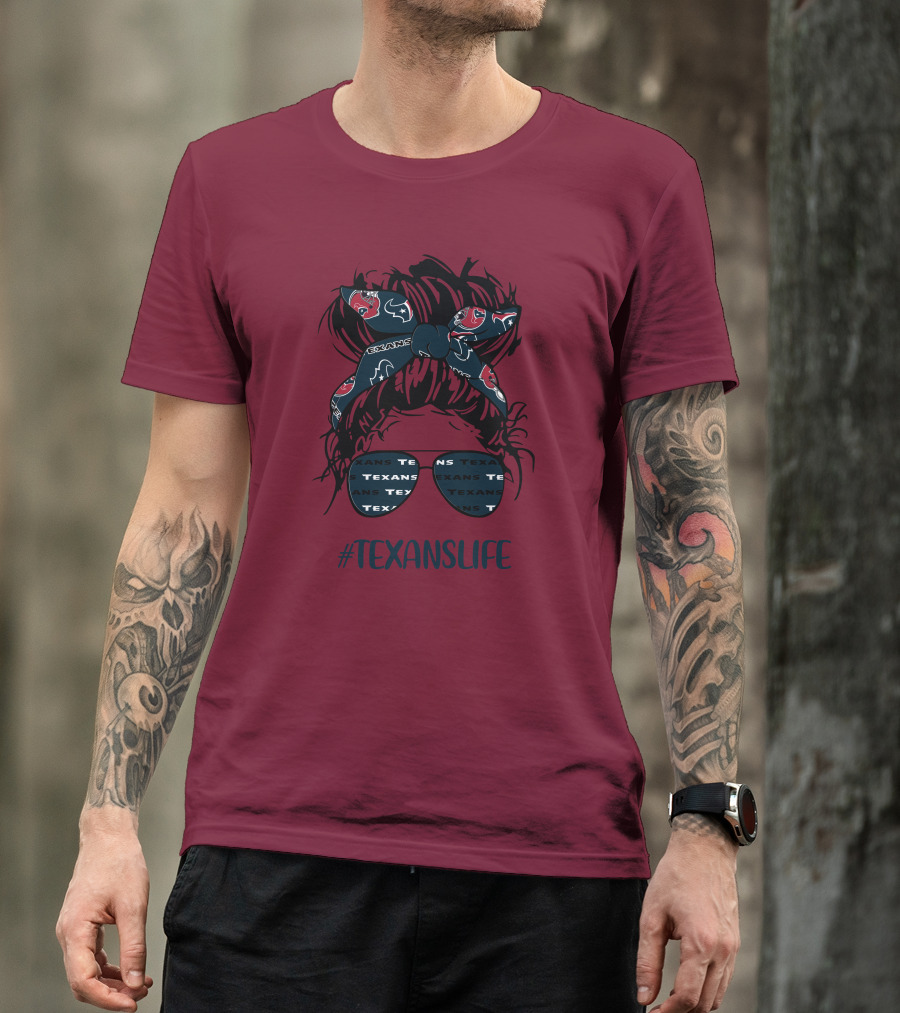 Houston Texans Hashtag Texanslife Messy Bun Headband Glasses T-Shirt