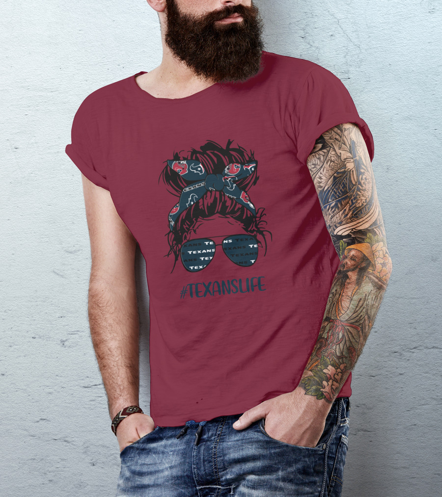 Houston Texans Hashtag Texanslife Messy Bun Headband Glasses T-Shirt