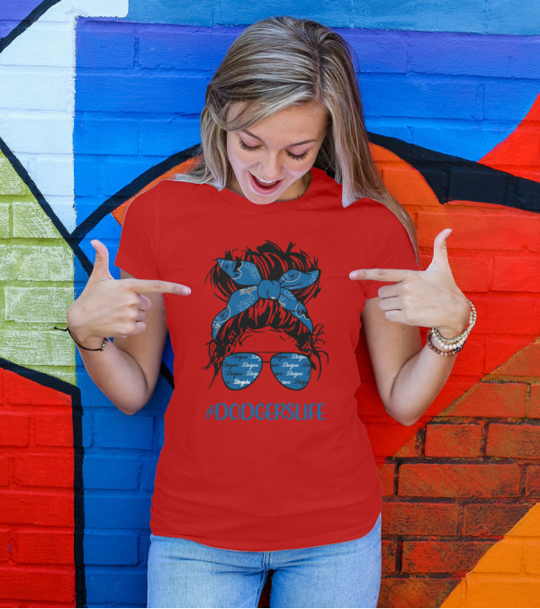 DODGERSLIFE Messy Bun Girl With Dodgers Headband And Glasses T-Shirt