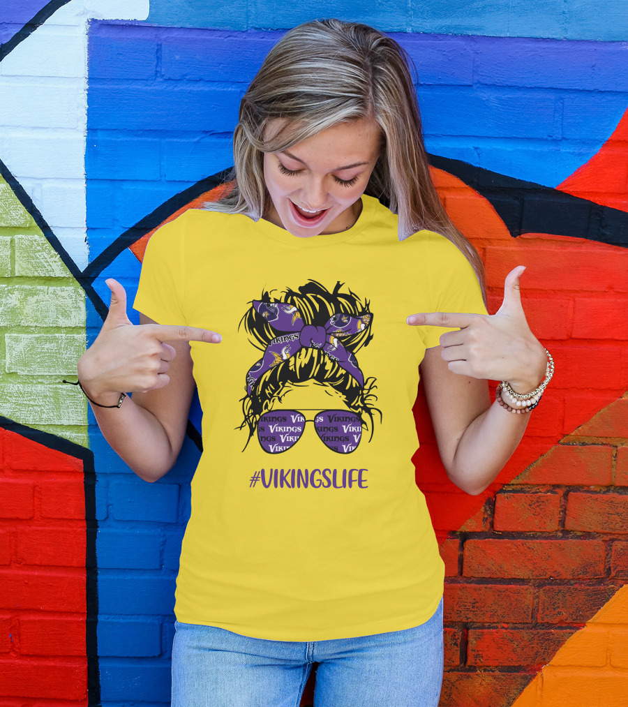 Vikings Life Messy Bun Girl Headband Glasses Minnesota Vikings T-Shirt