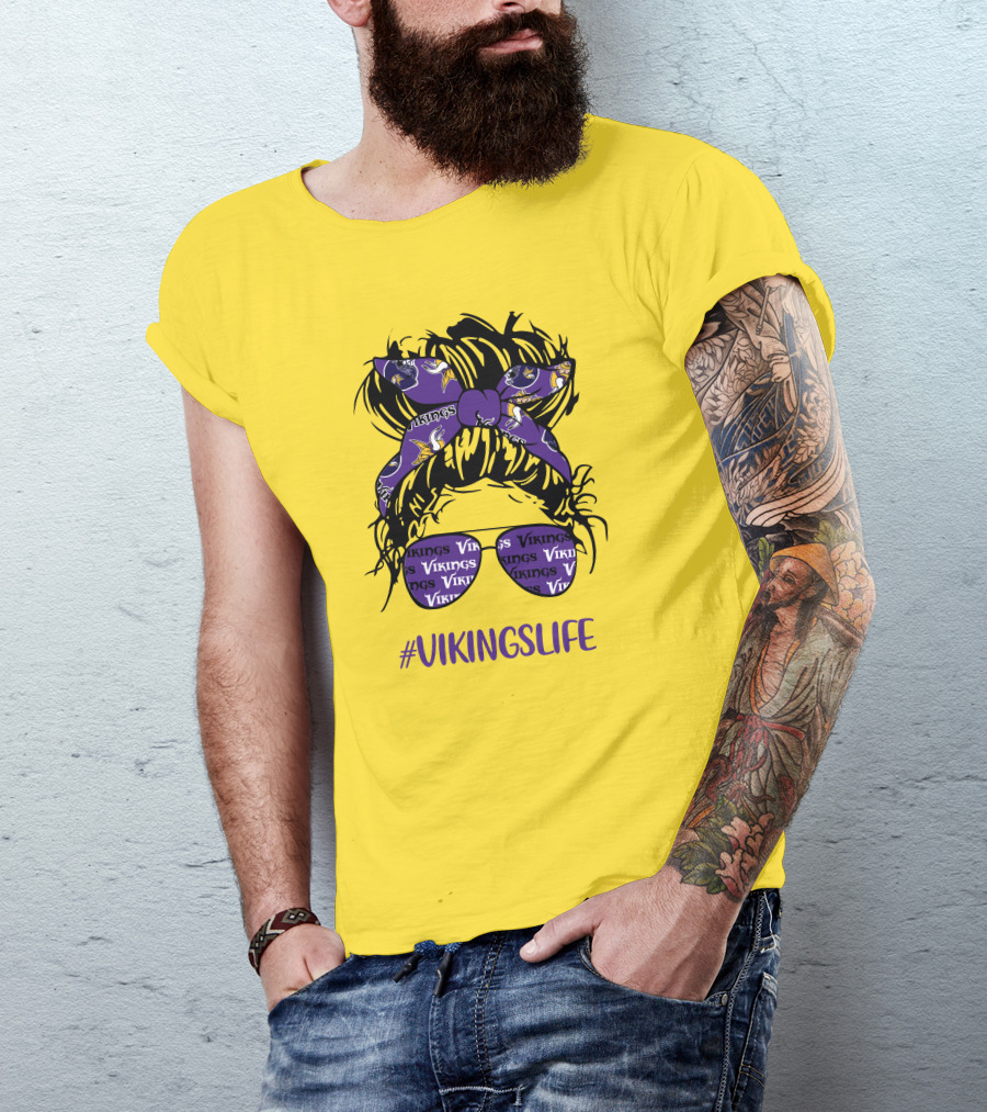 Vikings Life Messy Bun Girl Headband Glasses Minnesota Vikings T-Shirt