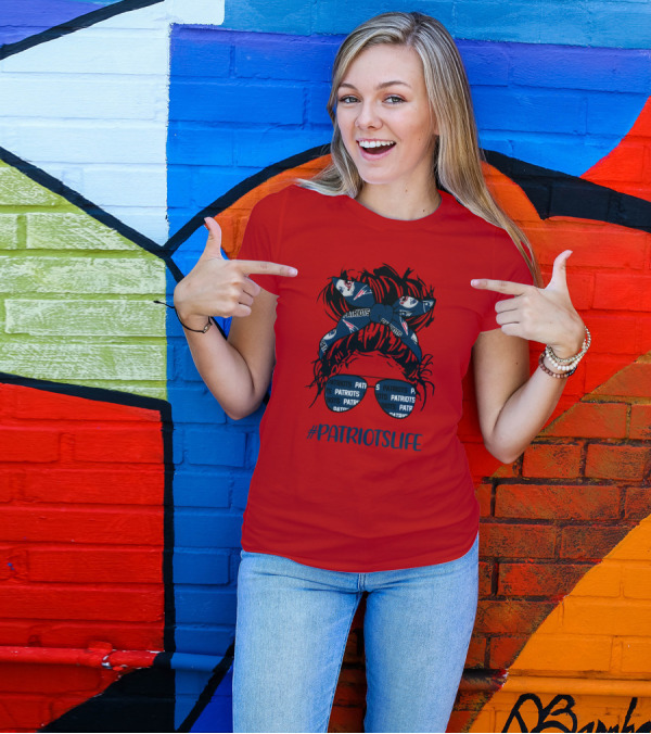 PATRIOTSLIFE New England Patriots Messy Bun Girl Headband Glasses T-Shirt