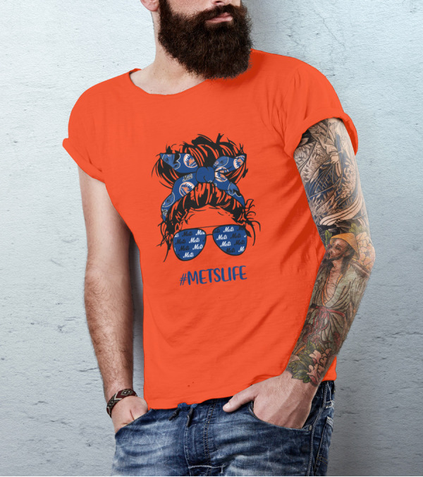 New York Mets Life Messy Bun Girl Headband Glasses #MetsLife T-Shirt