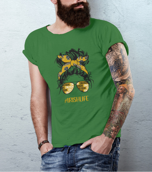 Notre Dame Fighting Irish Life Messy Bun Girl Headband Glasses #IrishLife T-Shirt