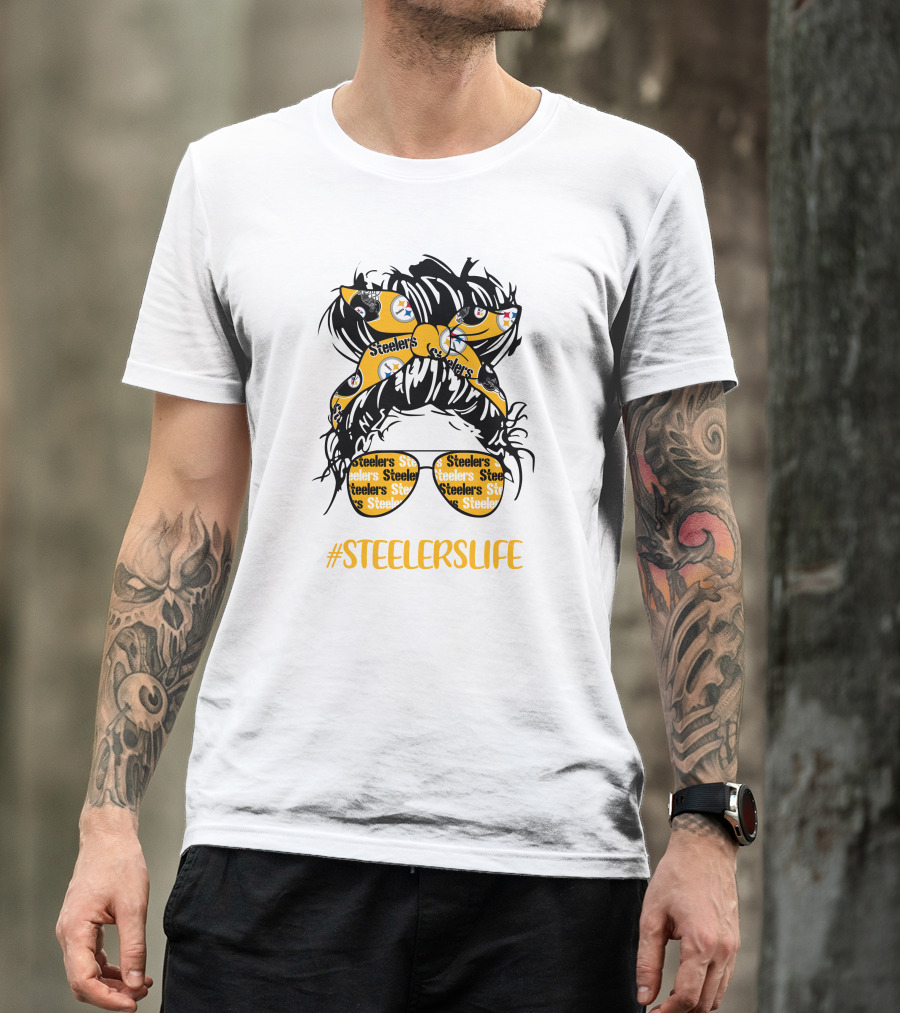 SteelersLife Messy Bun Girl With Steelers Headband And Glasses T-Shirt