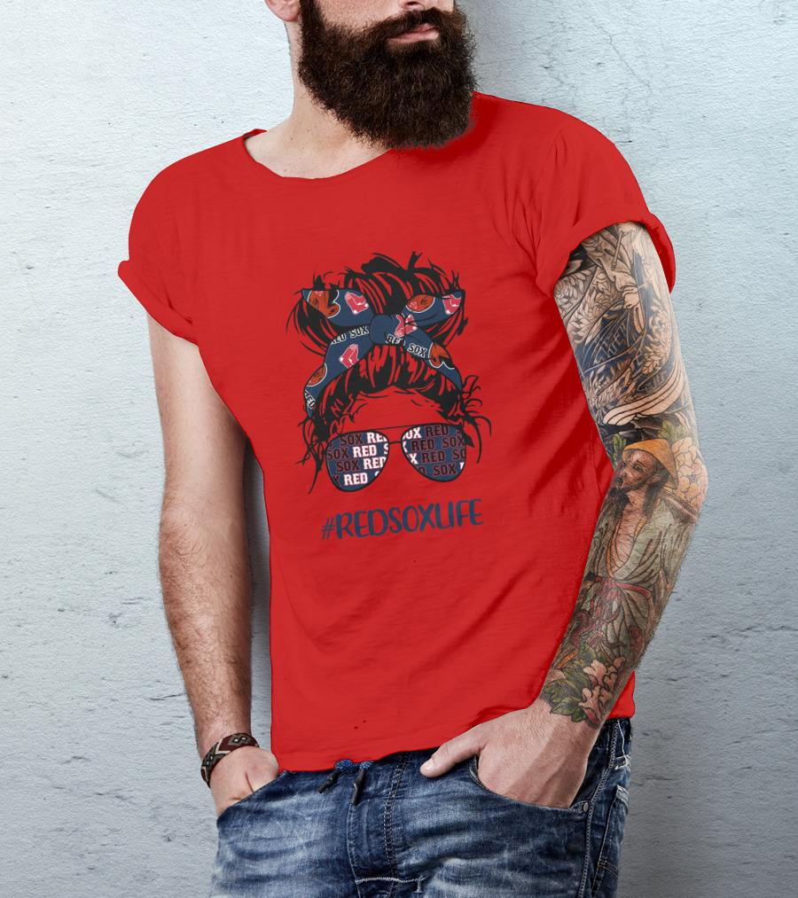 REDSOXLIFE Messy Bun Girl With Headband And Glasses T-Shirt