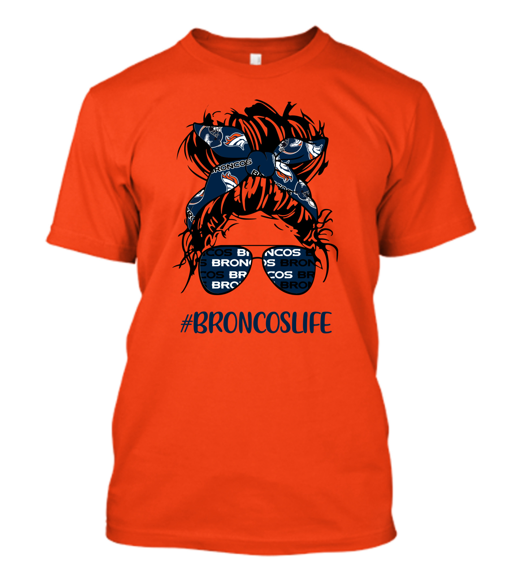 BroncosLife Messy Bun Girl With Broncos Headband And Glasses T-Shirt