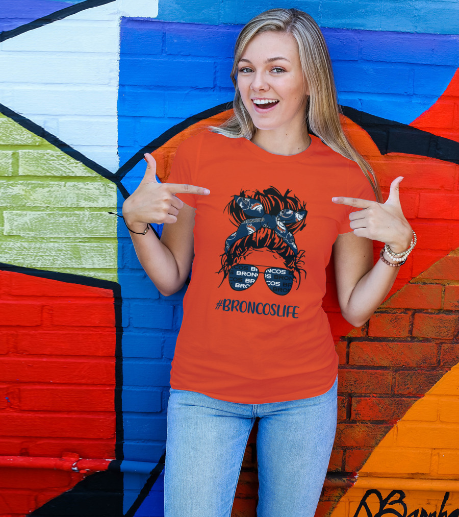 BroncosLife Messy Bun Girl With Broncos Headband And Glasses T-Shirt