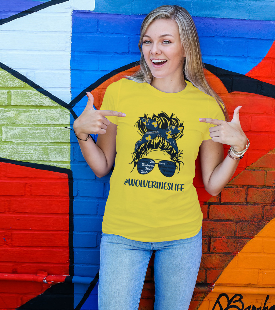 Michigan Wolverines Life Messy Bun Girl Headband Glasses Wolverines T-Shirt