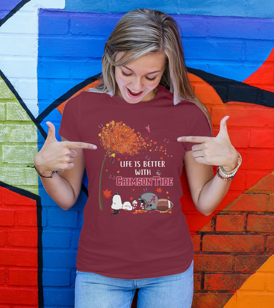 Life Is Better With Crimson Tide Alabama Football Autumn Leaves Butterflies Snoopy Woodstock T-Shirt