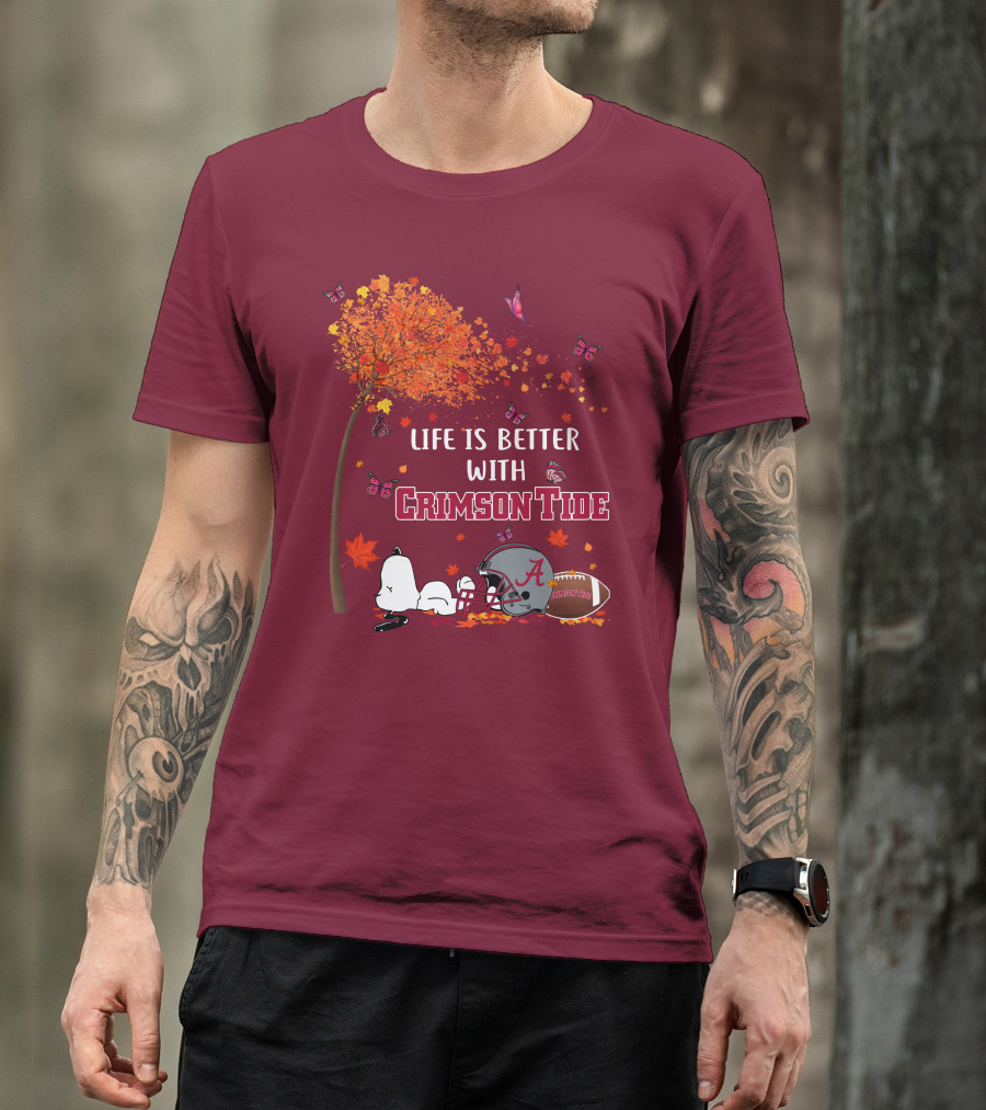 Life Is Better With Crimson Tide Alabama Football Autumn Leaves Butterflies Snoopy Woodstock T-Shirt