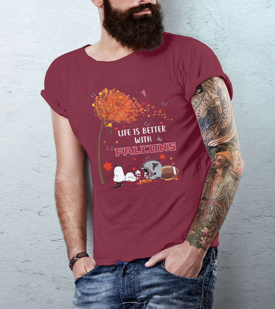 Life Is Better With Falcons Autumn Leaves Helmet Football Snoopy T-Shirt