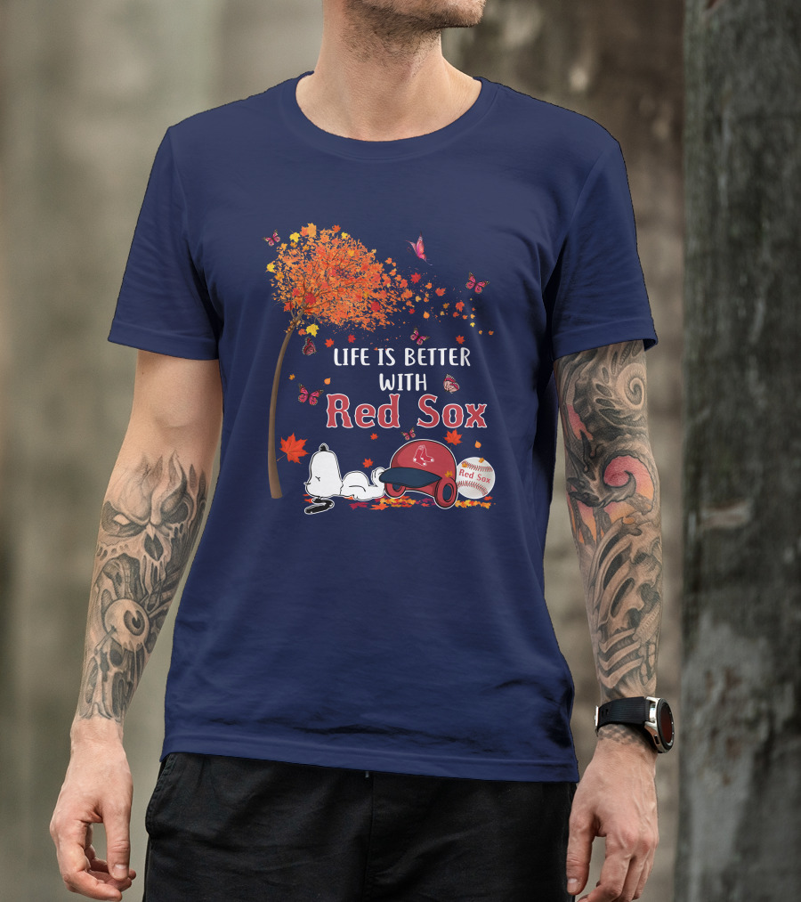 Life Is Better With Red Sox Tree Butterflies Baseball T-Shirt