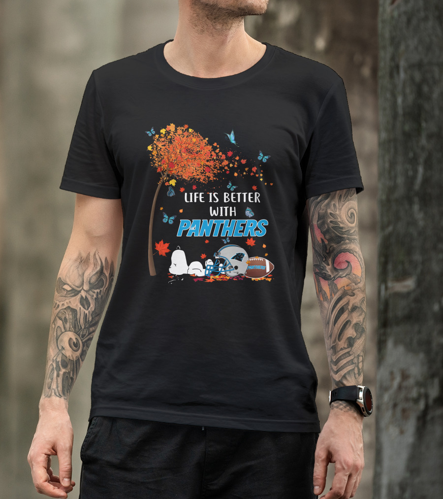 Life Is Better With Panthers Carolina Football Helmet And Autumn Leaves T-Shirt
