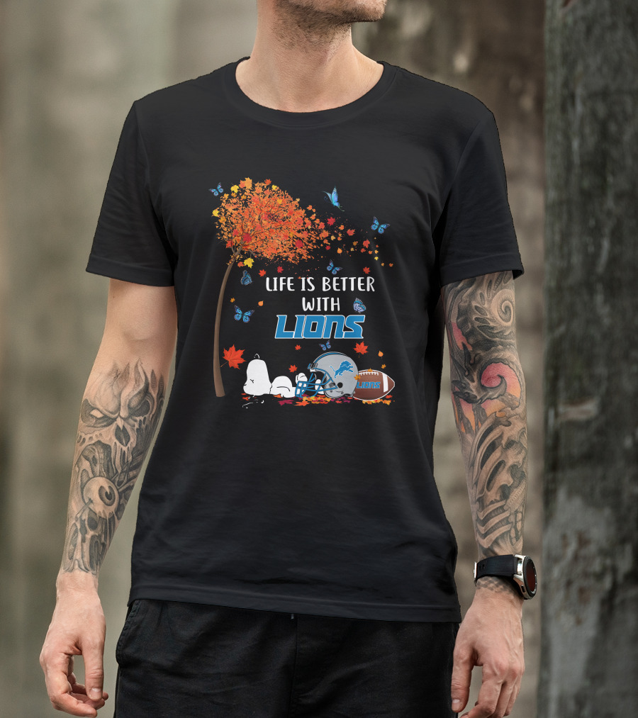 Life Is Better With Detroit Lions Autumn Leaves Football Helmet Snoopy Woodstock T-Shirt