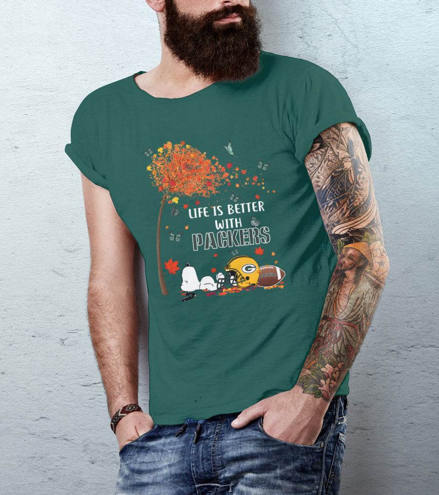 Life Is Better With Packers Green Bay Football Autumn Snoopy Leaves T-Shirt