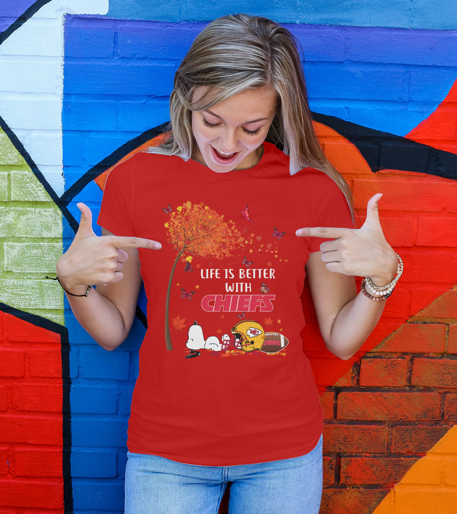 Life Is Better With Chiefs Fall Football Theme Snoopy And Butterflies T-Shirt