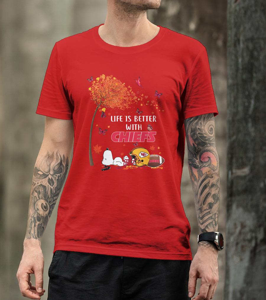 Life Is Better With Chiefs Fall Football Theme Snoopy And Butterflies T-Shirt
