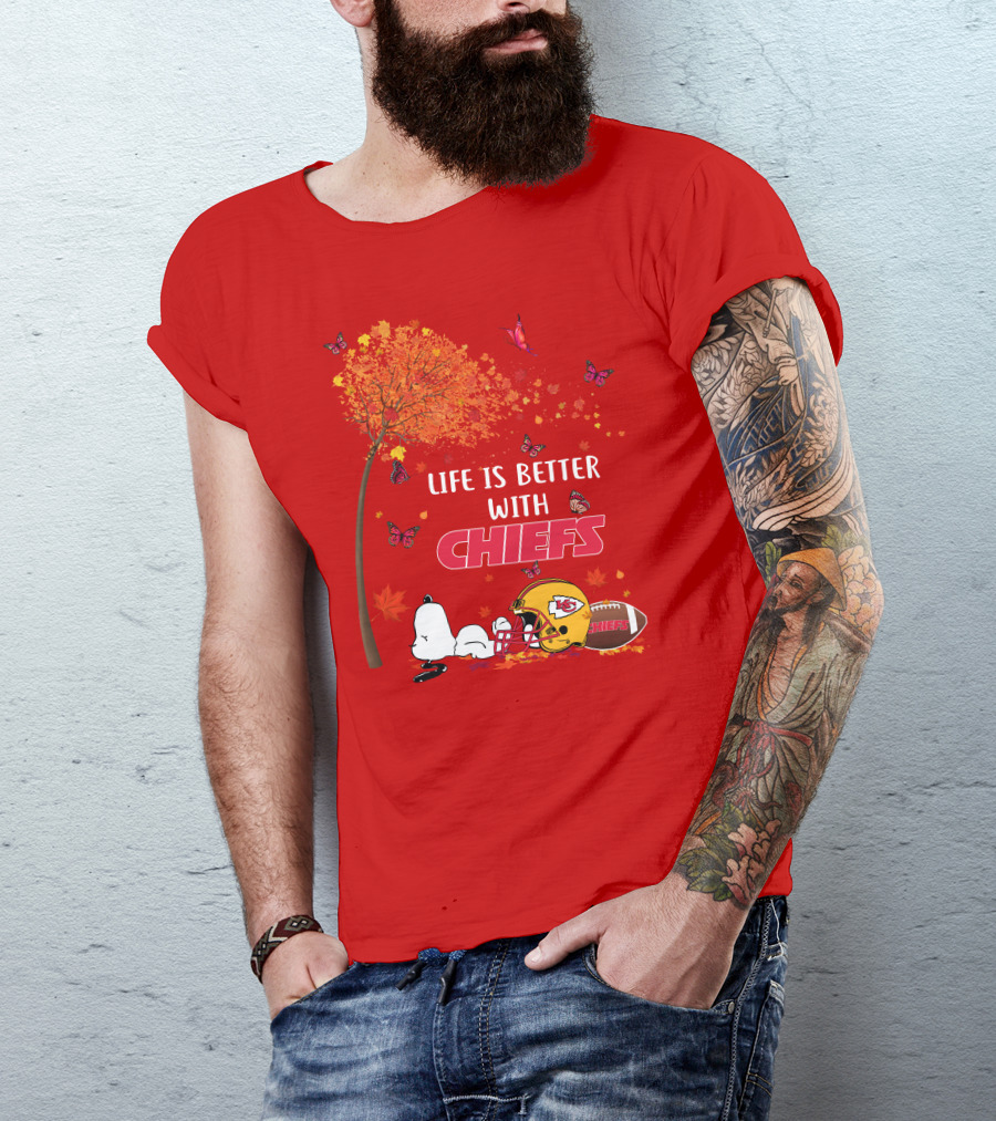 Life Is Better With Chiefs Fall Football Theme Snoopy And Butterflies T-Shirt
