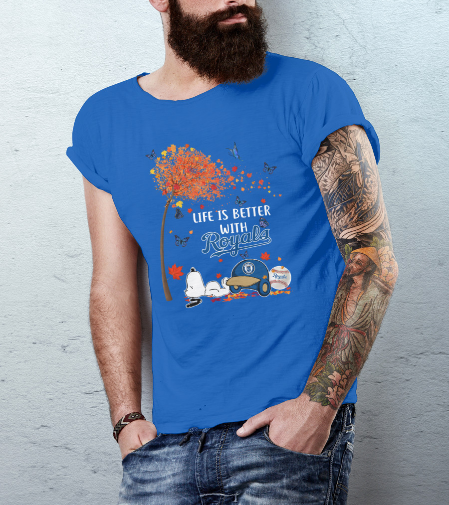 Life Is Better With Royals Baseball Helmet Autumn Leaves Snoopy And Butterfly T-Shirt