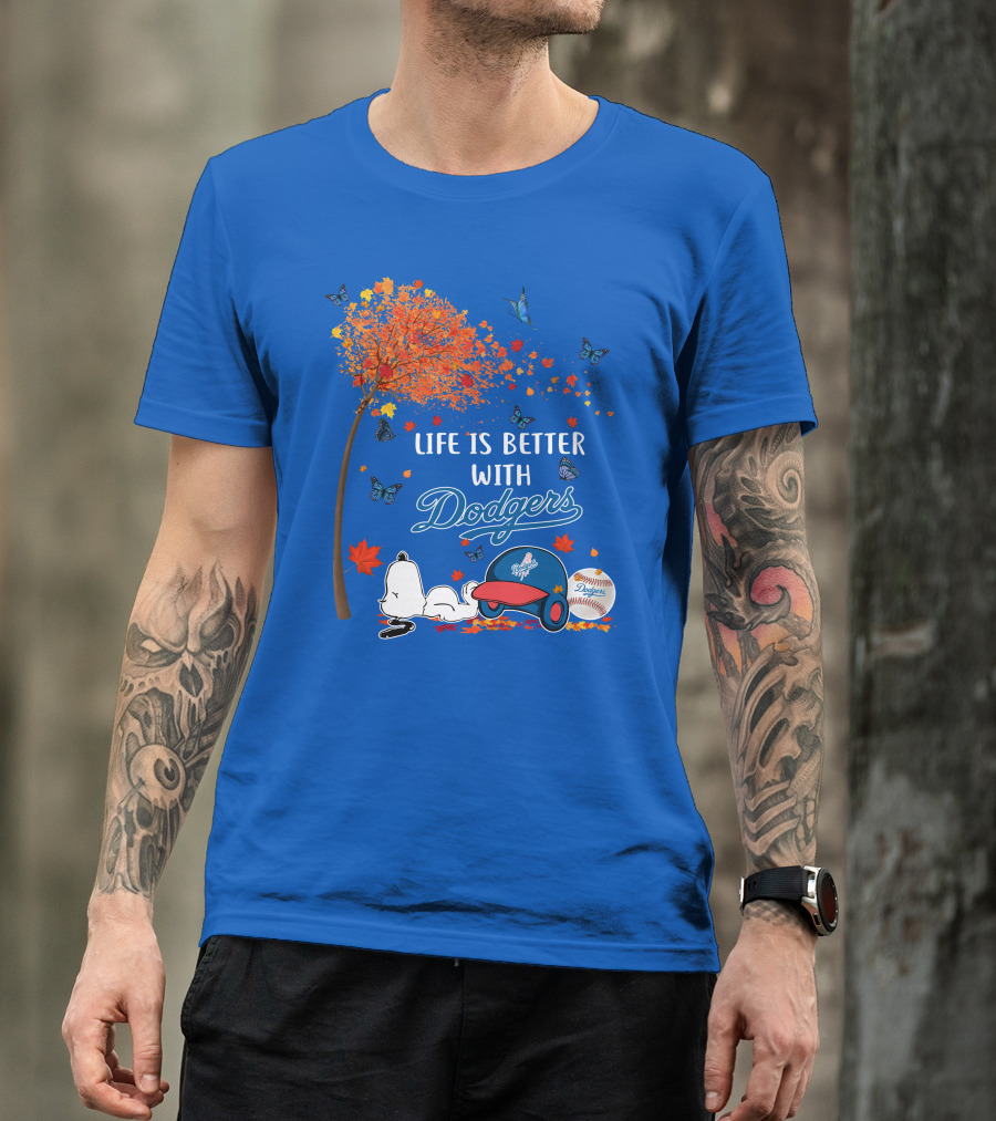 Life Is Better With Dodgers Autumn Leaves Snoopy Baseball Cap And Ball T-Shirt