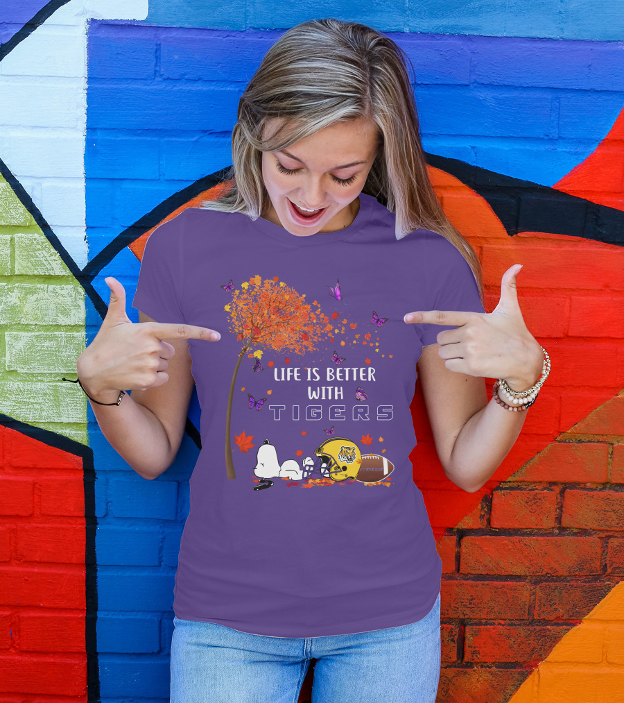 Life Is Better With Tigers Football Leaves Butterflies Helmet T-Shirt