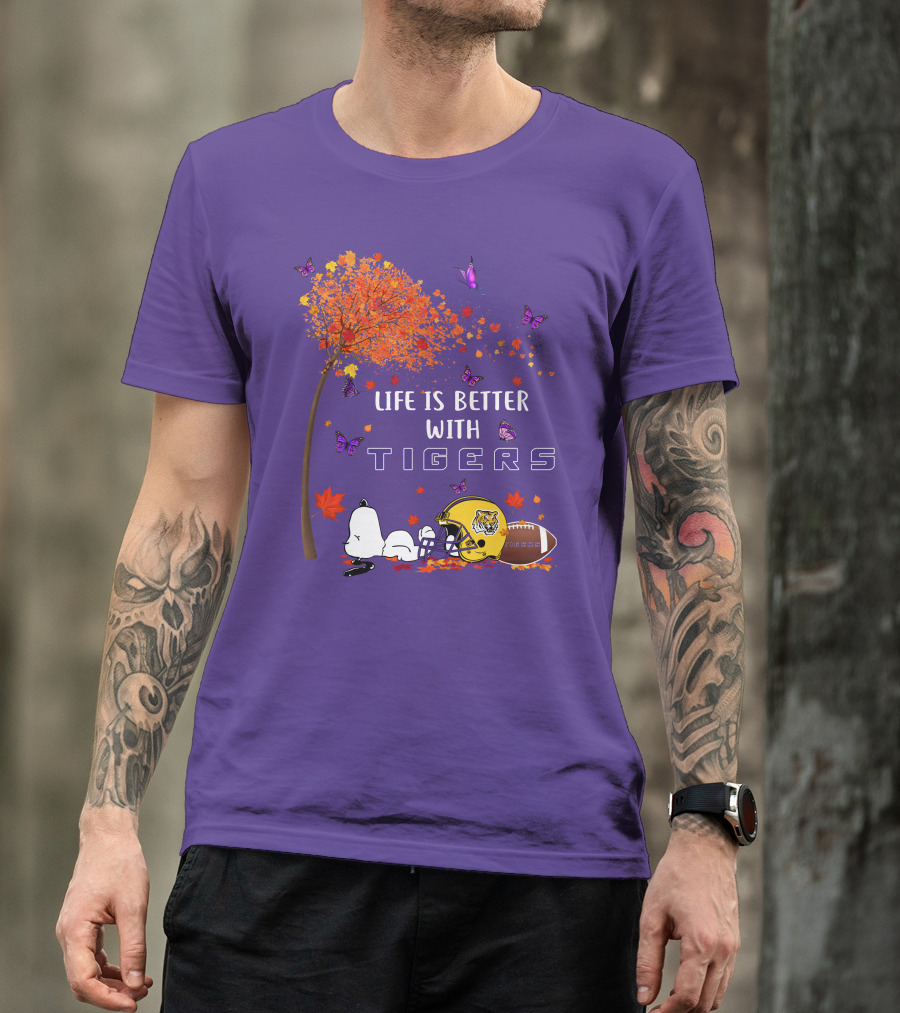 Life Is Better With Tigers Football Leaves Butterflies Helmet T-Shirt