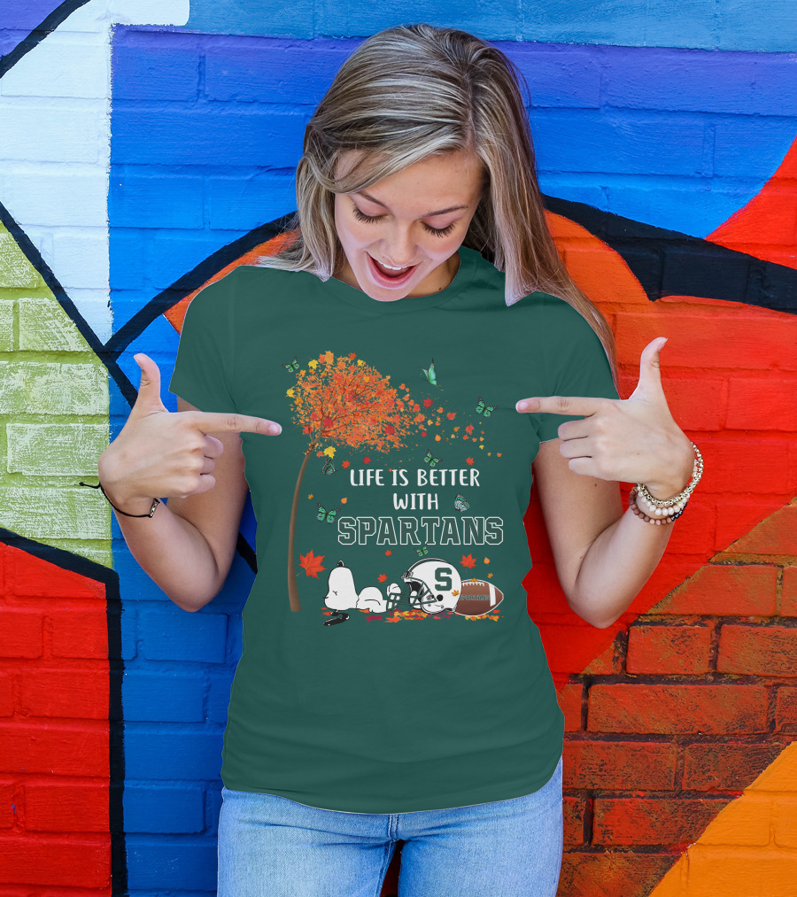 Life Is Better With Spartans Michigan State Football Autumn Leaves Butterflies T-Shirt