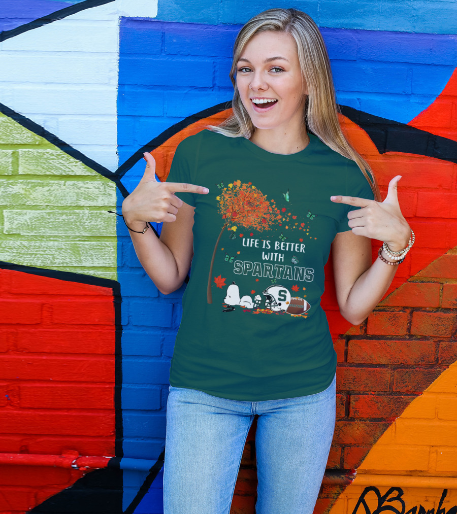 Life Is Better With Spartans Michigan State Football Autumn Leaves Butterflies T-Shirt