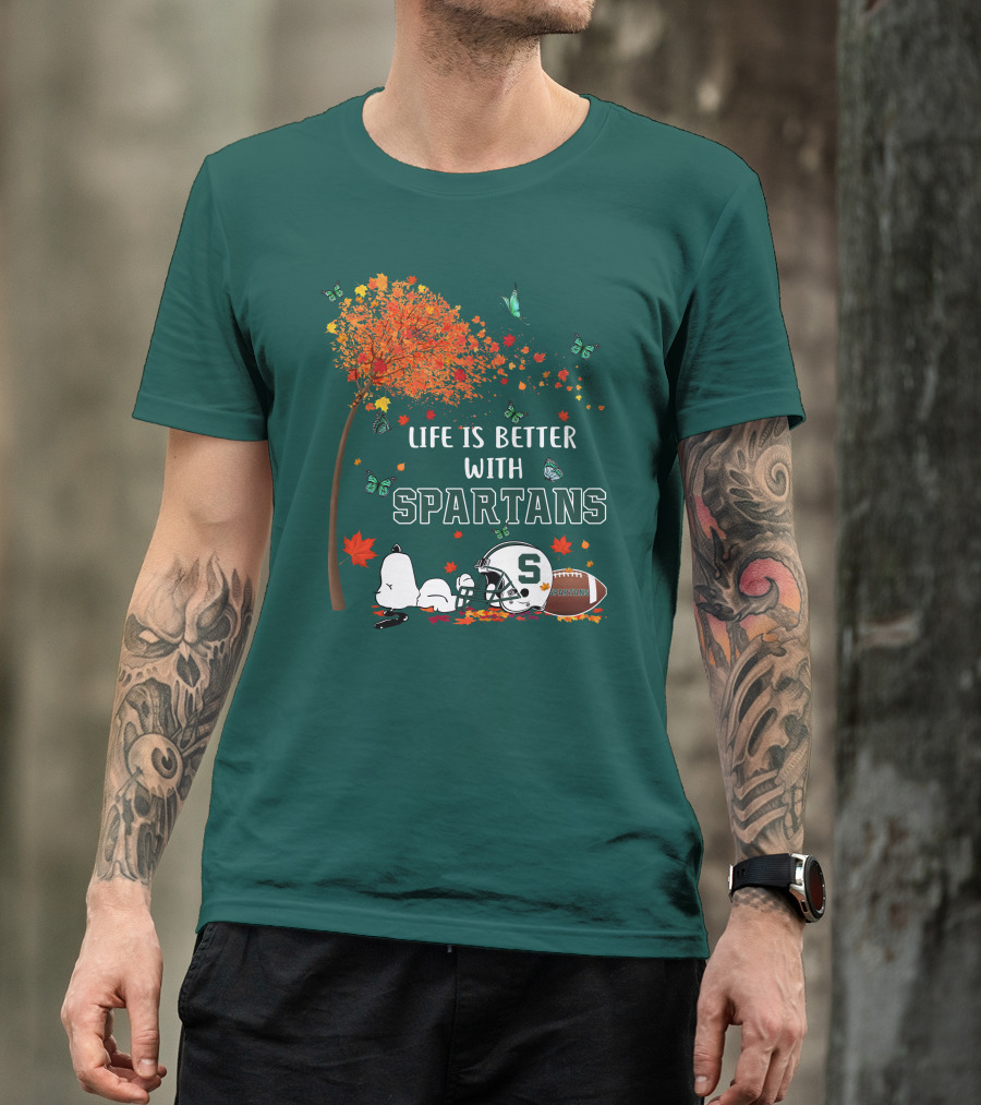 Life Is Better With Spartans Michigan State Football Autumn Leaves Butterflies T-Shirt