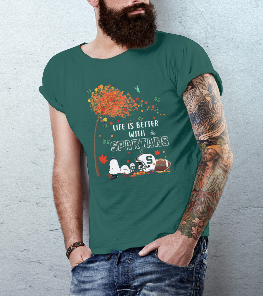 Life Is Better With Spartans Michigan State Football Autumn Leaves Butterflies T-Shirt