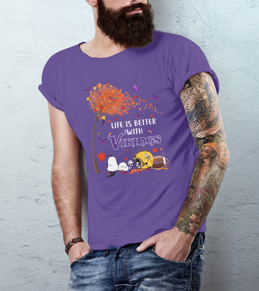 Life Is Better With Vikings Football And Autumn Leaves T-Shirt