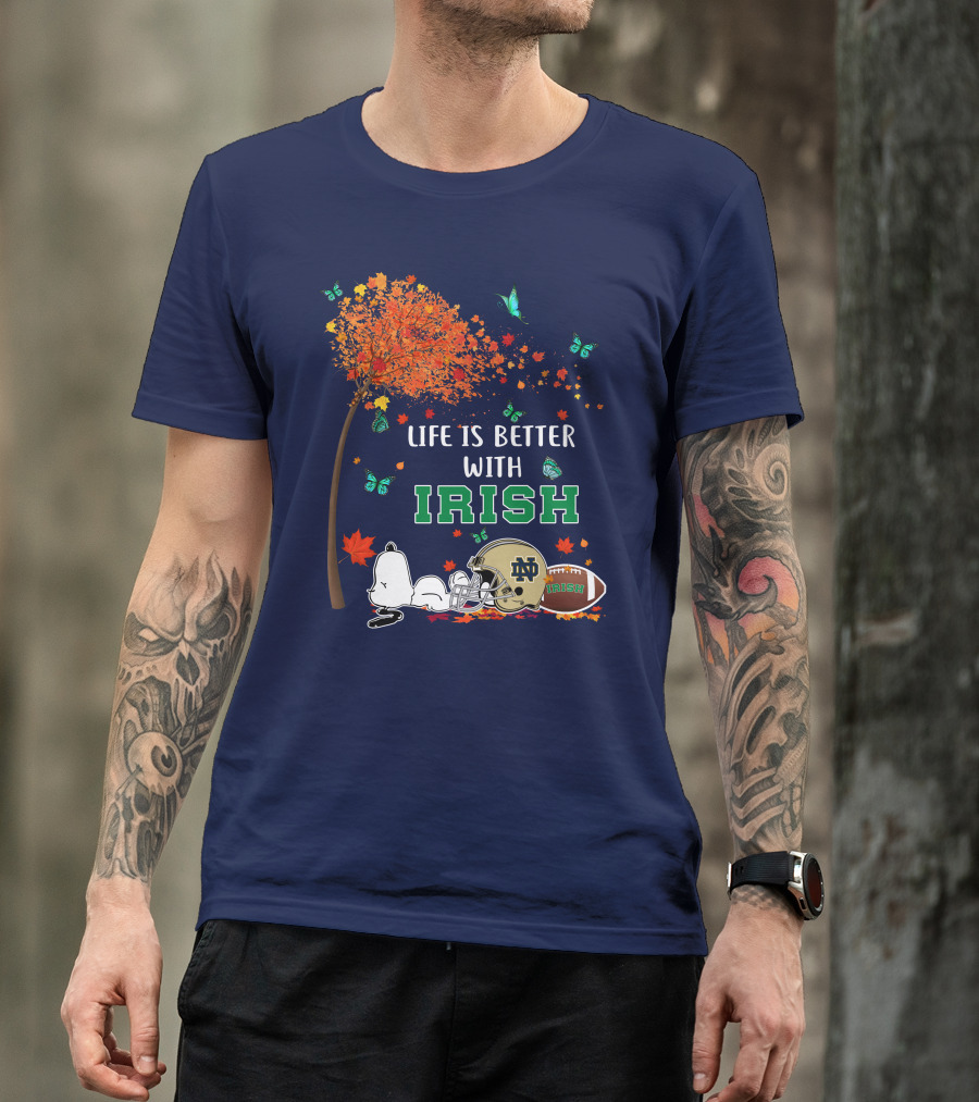Life Is Better With Irish Autumn Leaves Football Helmet Snoopy Notre Dame T-Shirt