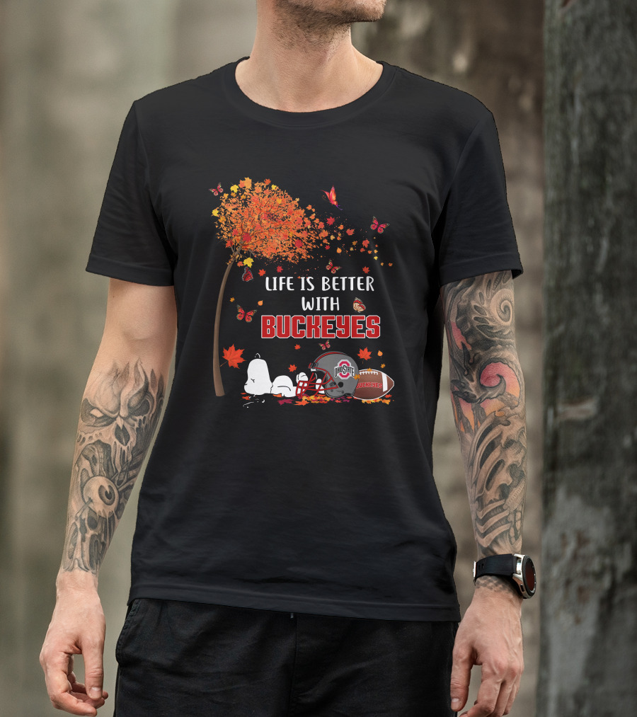 Life Is Better With Buckeyes Ohio State Football Autumn Leaves Butterflies T-Shirt