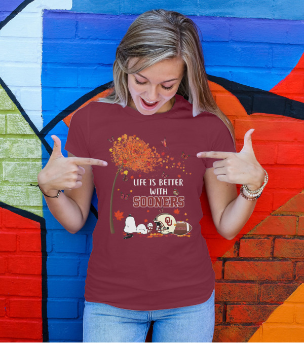 Life Is Better With Sooners Football Autumn Leaves And Butterflies T-Shirt