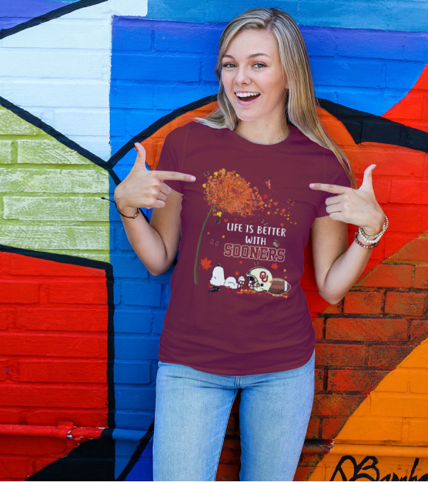 Life Is Better With Sooners Football Autumn Leaves And Butterflies T-Shirt