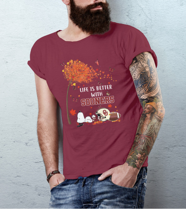 Life Is Better With Sooners Football Autumn Leaves And Butterflies T-Shirt