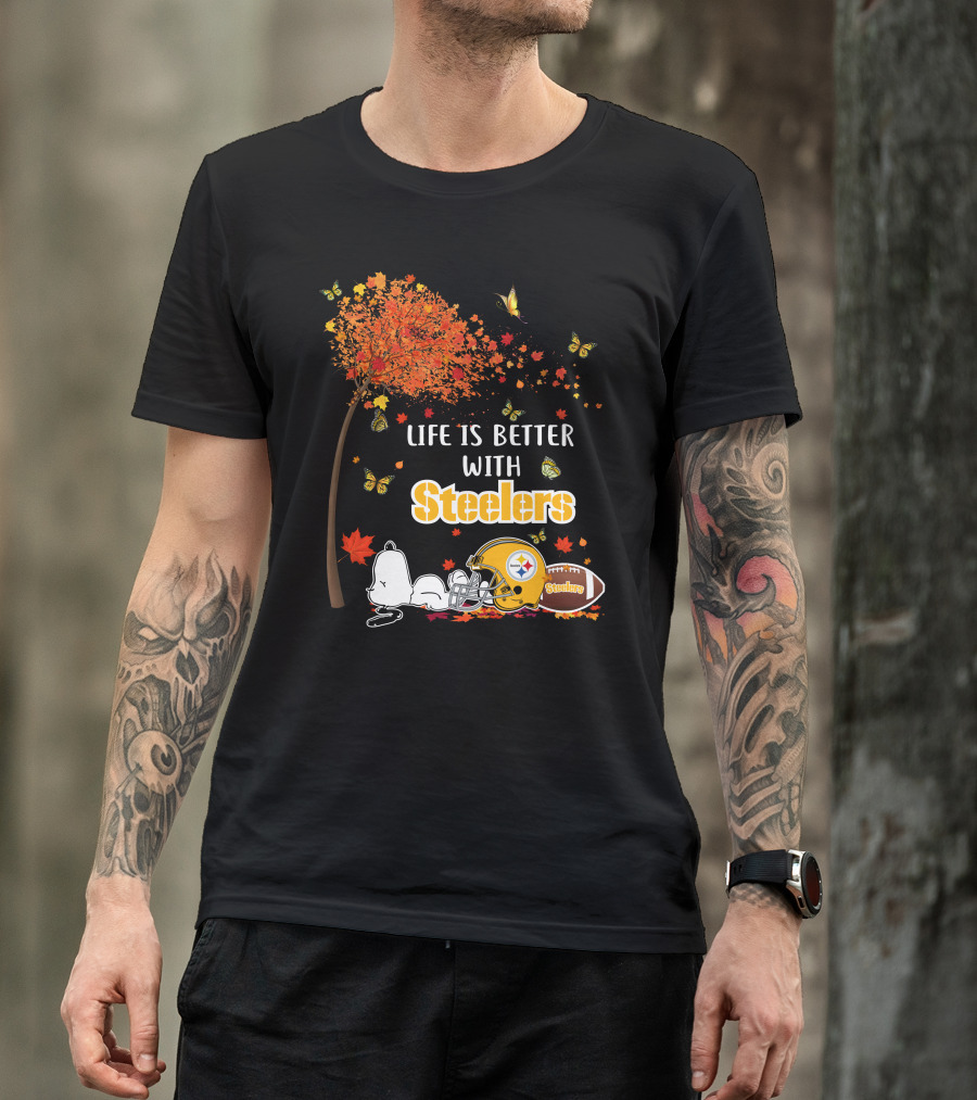 Life Is Better With Steelers Autumn Snoopy Football Helmet T-Shirt