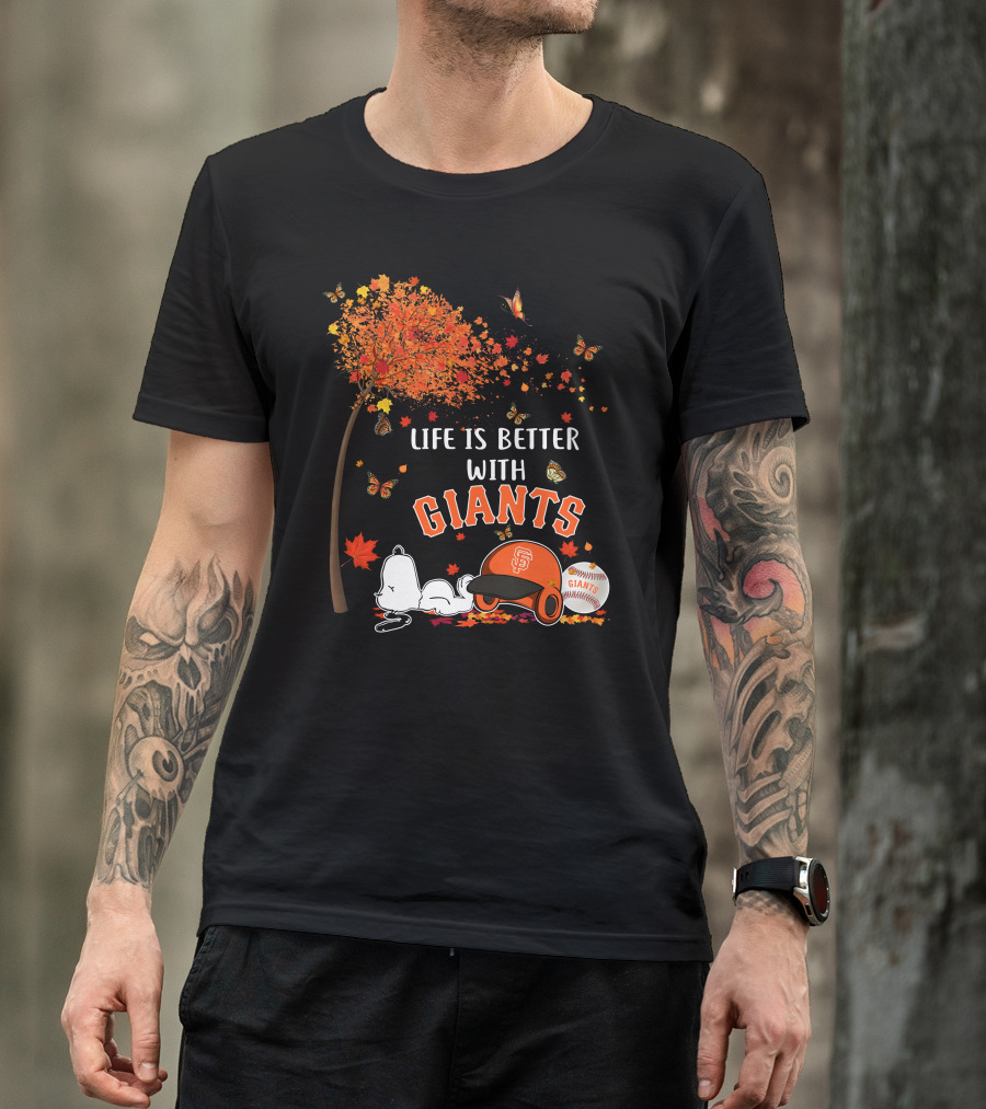 Life Is Better With Giants Snoopy Fall Leaves Baseball Cap T-Shirt