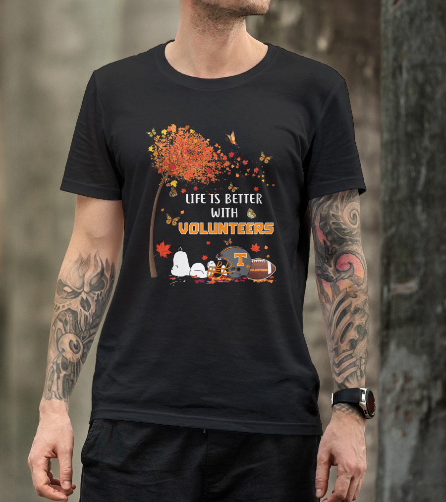 Life Is Better With Volunteers Tennessee Football Autumn Leaves And Butterflies T-Shirt