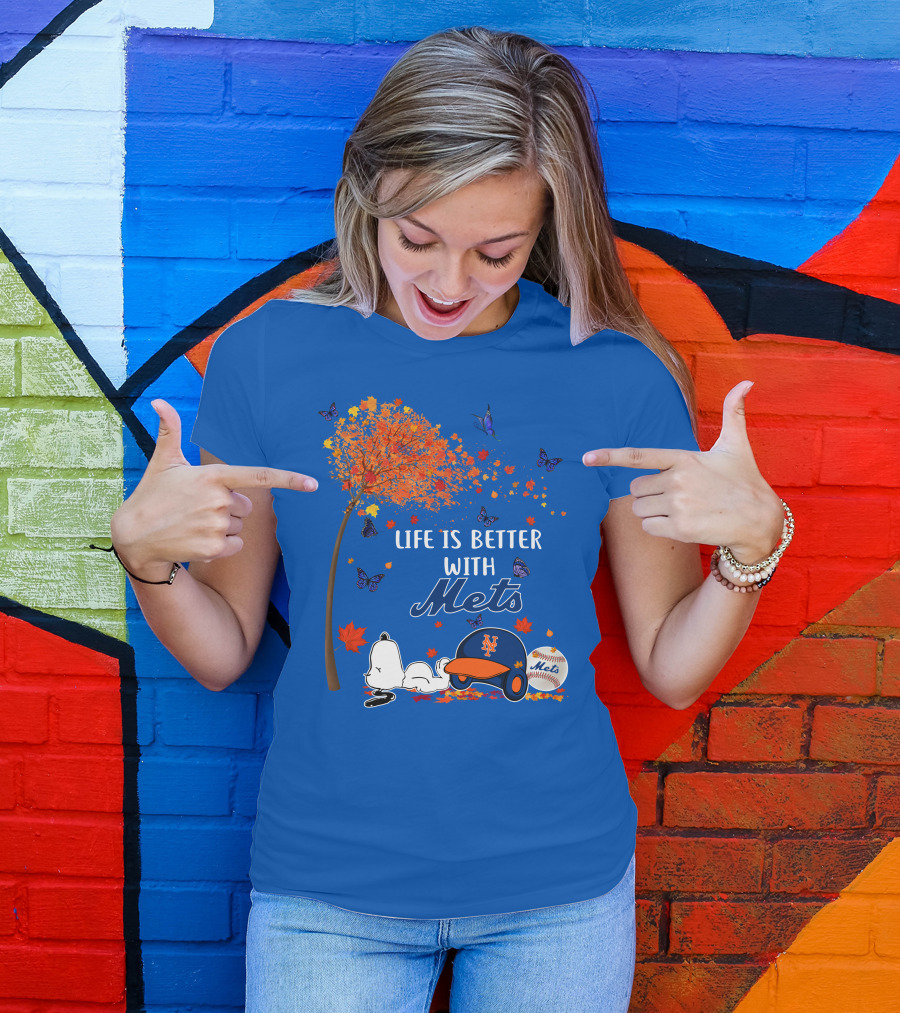 Life Is Better With Mets Autumn Baseball Joy And Cartoon Charm T-Shirt
