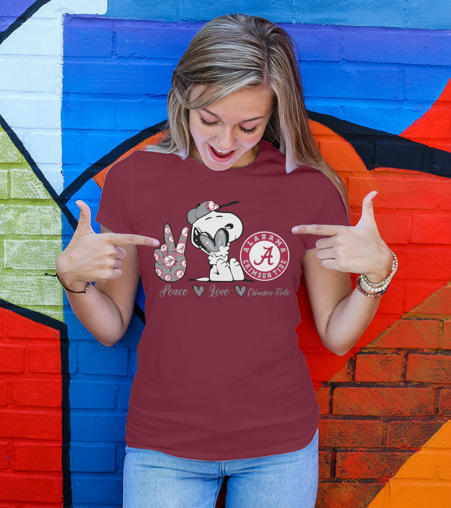 Peace Love Alabama Crimson Tide Snoopy Football Fan Gear T-Shirt