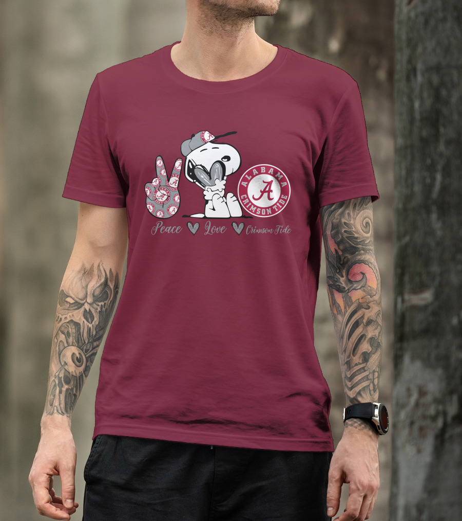 Peace Love Alabama Crimson Tide Snoopy Football Fan Gear T-Shirt