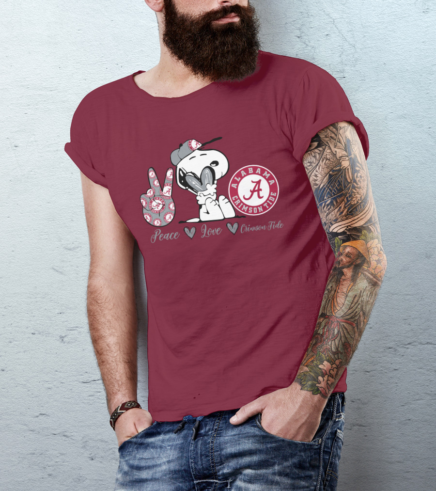Peace Love Alabama Crimson Tide Snoopy Football Fan Gear T-Shirt