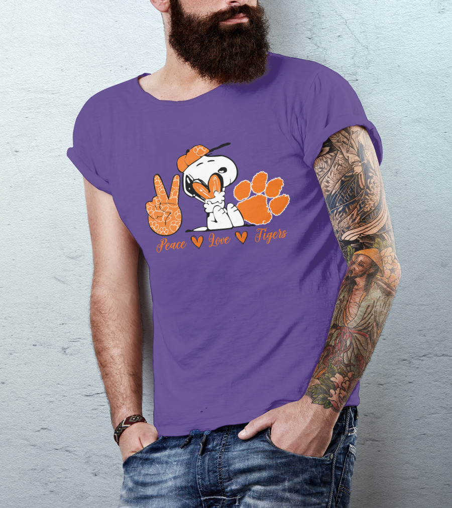 Peace Love Clemson Tigers Snoopy With Paw Print And Heart Icons T-Shirt