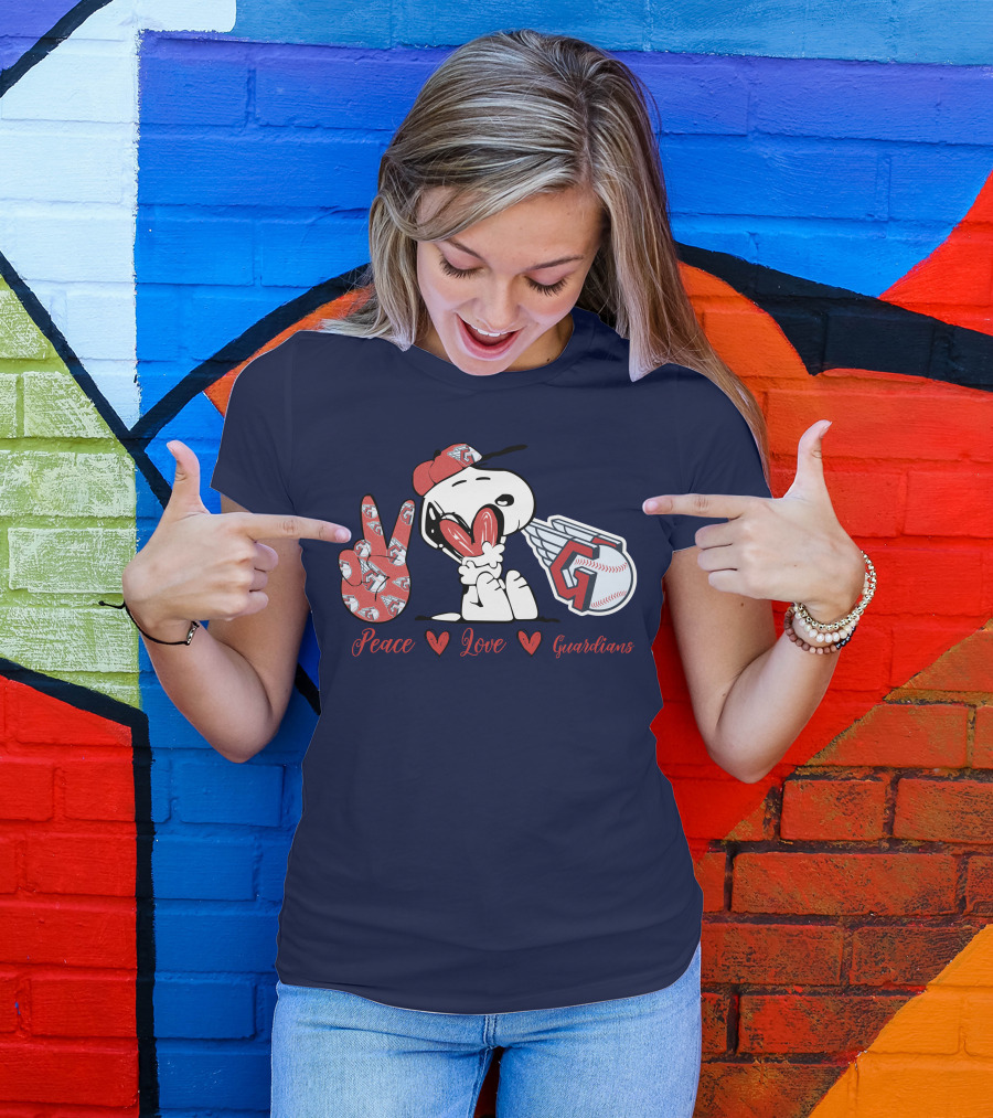 Snoopy Peace Love Cleveland Guardians Baseball Iconic Imagery With Red Heart And Cap T-Shirt
