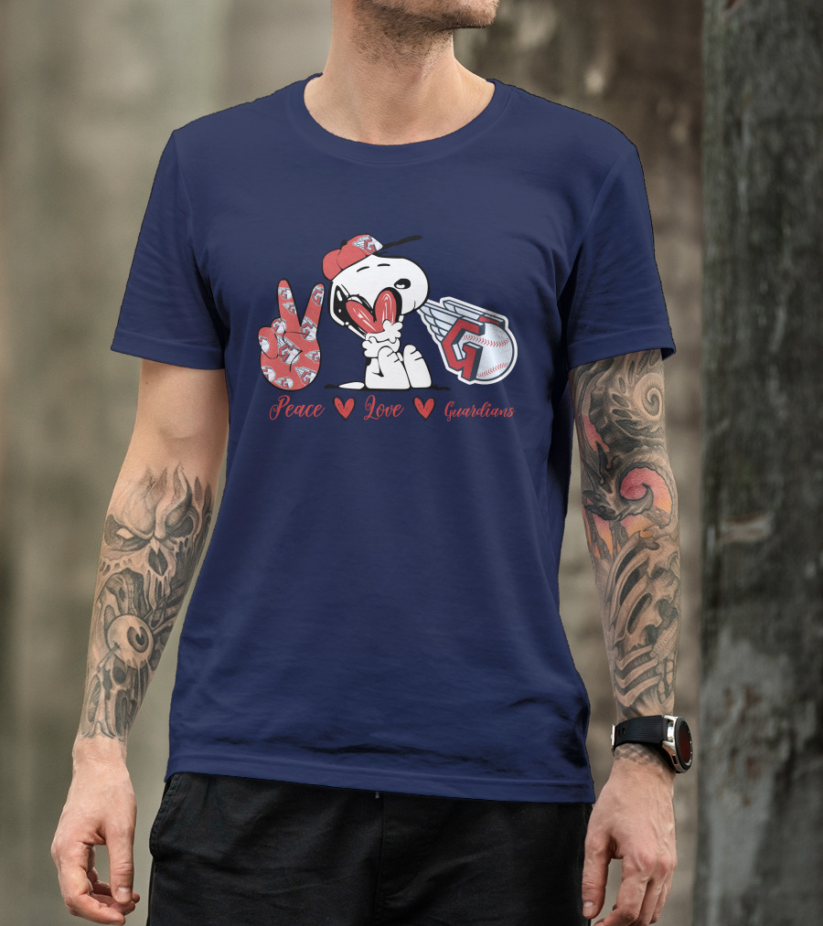 Snoopy Peace Love Cleveland Guardians Baseball Iconic Imagery With Red Heart And Cap T-Shirt